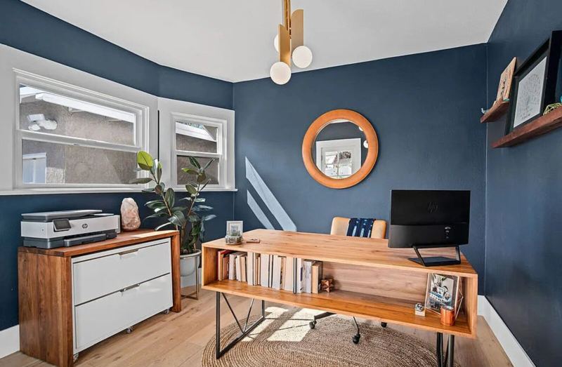 Home office with navy walls