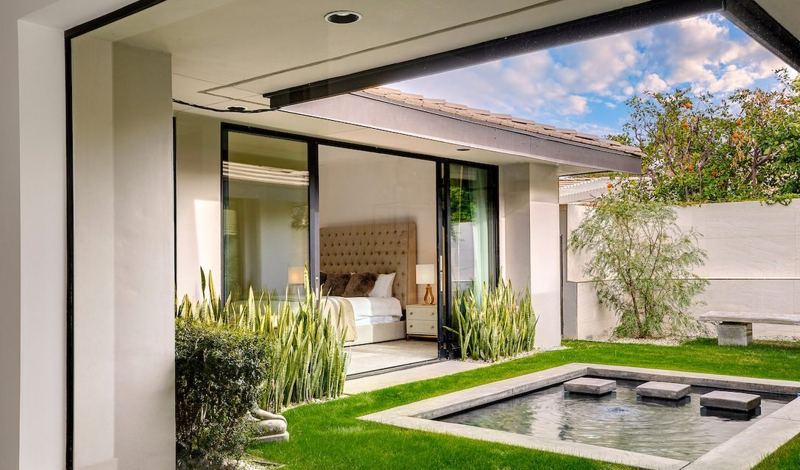 Interior zen garden with stepping-stone pond