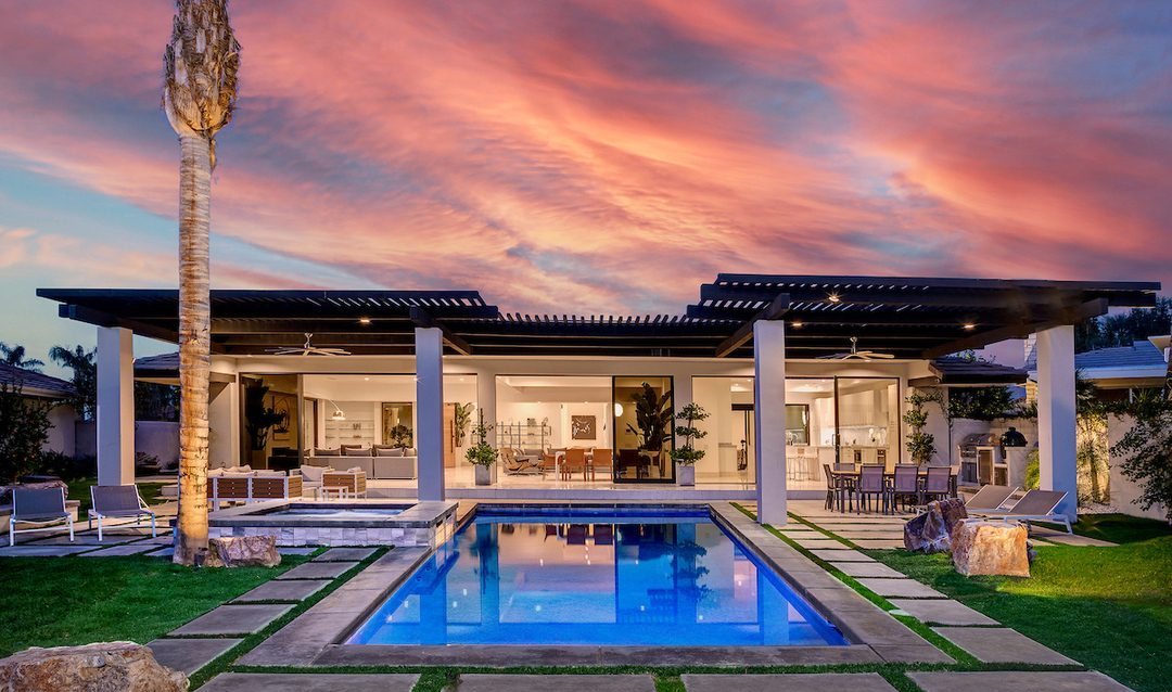 Pool and covered terrace at sunset, Rancho Mirage